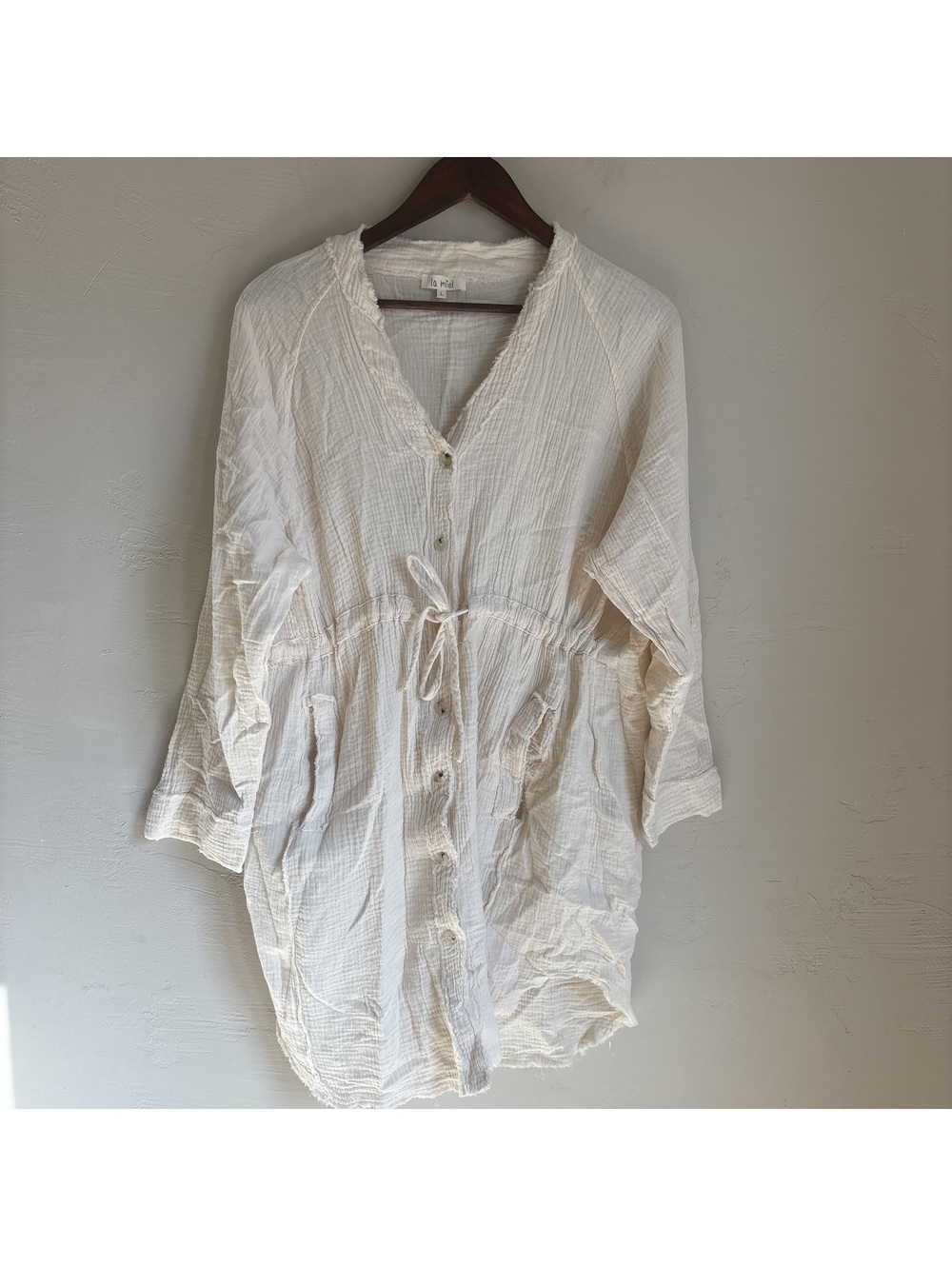 La Miel Womens Large Cream White Gauze Cotton Raw Hem Button Front Tunic Dress